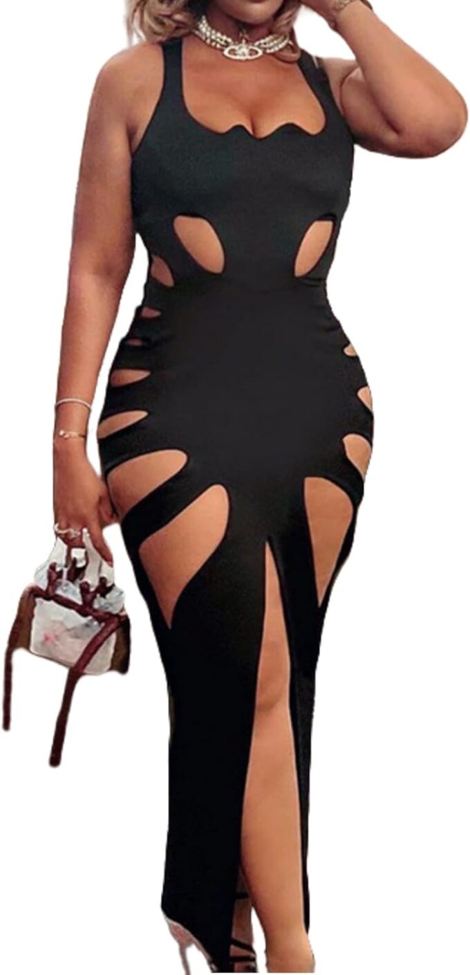 Women's Sexy Sleeveless Hollow Out Maxi Dress Tassel See Through Backless Bodycon Party Club Long Dress
