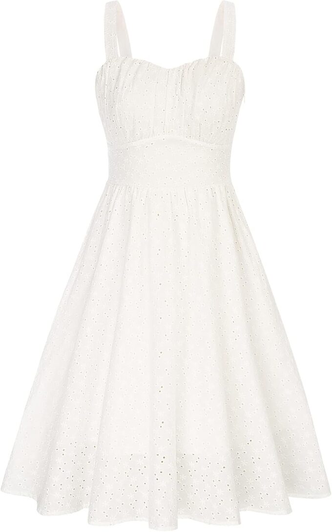 Belle Poque Women's Vintage Sleeveless Solid Ruched Summer Cotton Embroidery Cute A-Line Flowy Swing Midi Dress