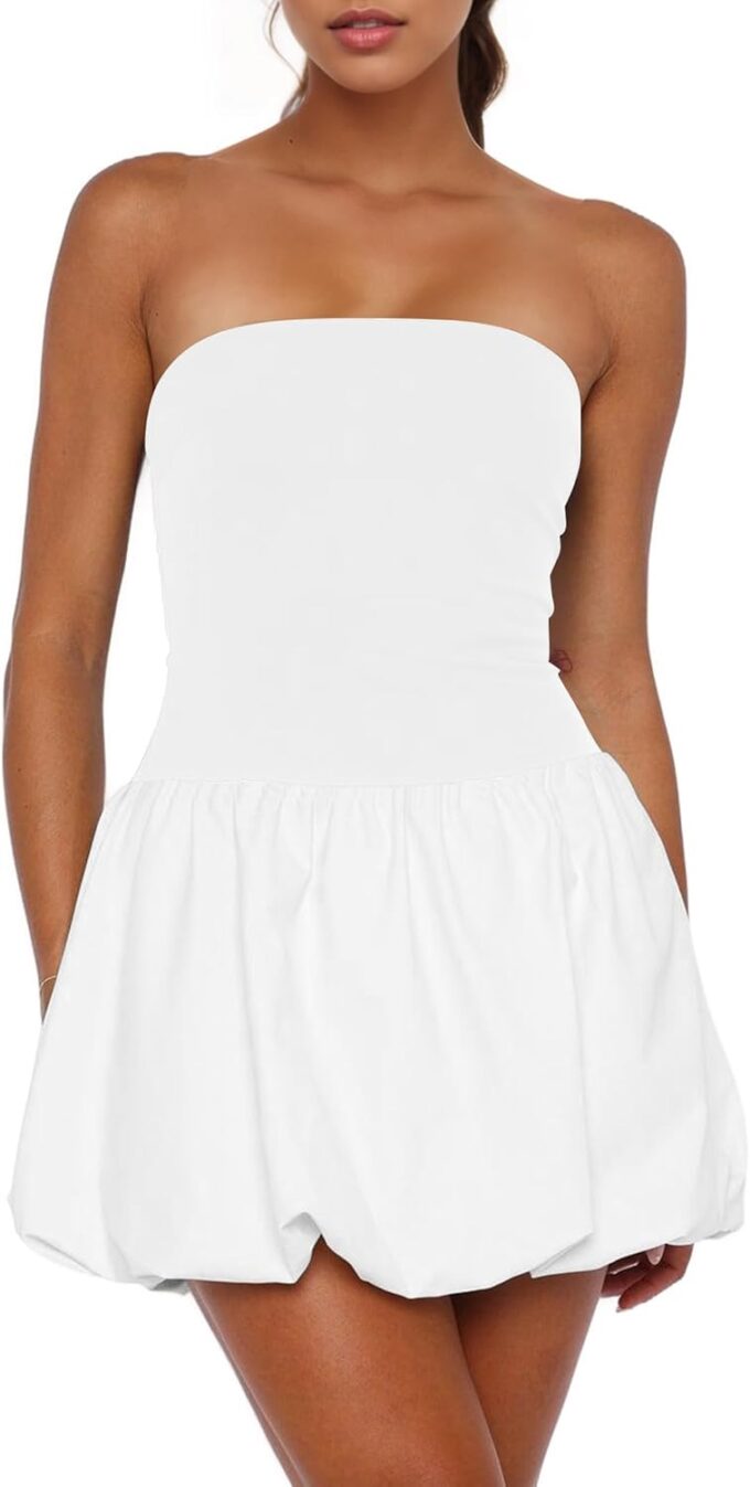 Women’s Sexy Strapless Mini Dress Club Tube Corset Party Dress Y2k Bubble Skirt Summer Casual Bandeau Dresses