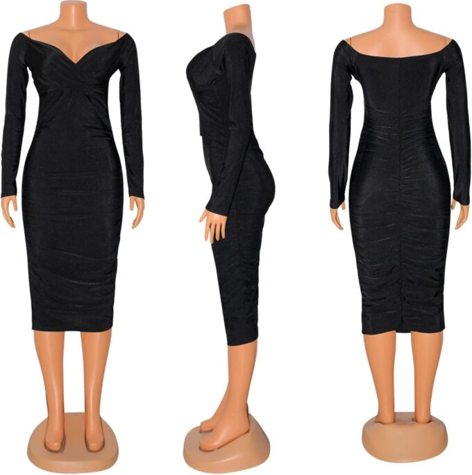 Women's Sexy Deep V Neck Off Shoulder Ruched Bodycon Long Sleeve Midi Dress Evening Party Cocktail Dress – Bild 5