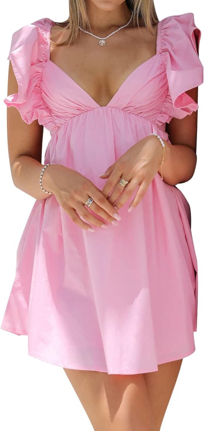 hibshaby Womens Sexy Deep V Neck Ruffle Sleeve Mini Dress Backless Lace Up Summer Dresses – Bild 3