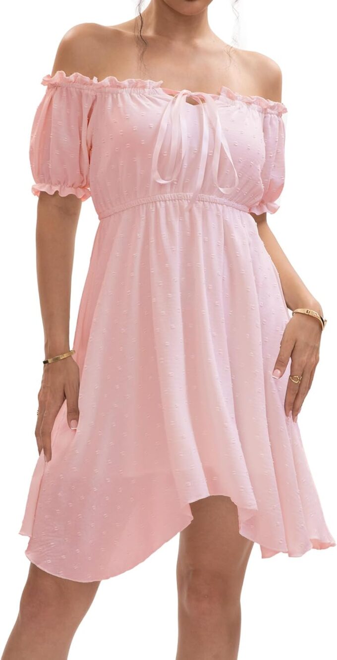 Womens Off Shoulder Ruffle Puff Sleeve Tie Up Irregular Swiss Dot Mini Cottagecore Dress