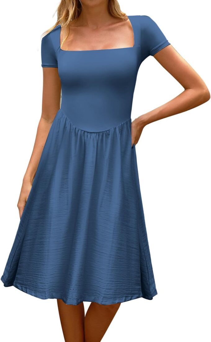 CHYRII Women Fashion Summer 2025 Square Neck Short Sleeve A-Line Midi Dress Long Sundress – Bild 4