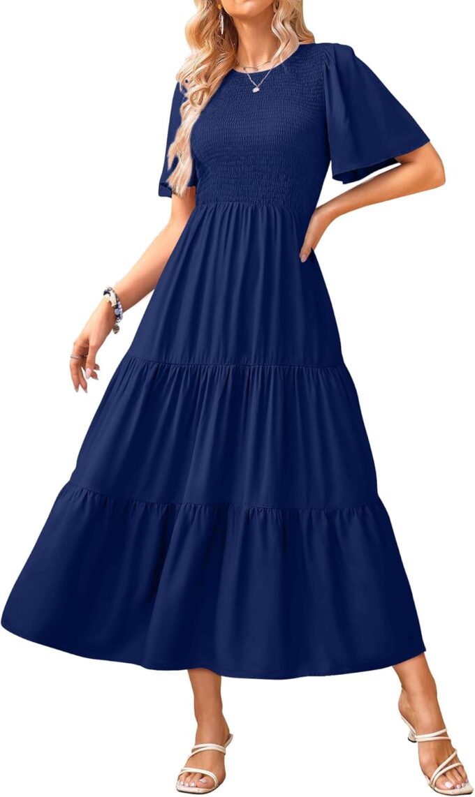 KIRUNDO Womens Fashion 2025 Spring Summer Casual Flutter Short Sleeve Midi Dress Smocked Tiered Aline Going Out Dresses
