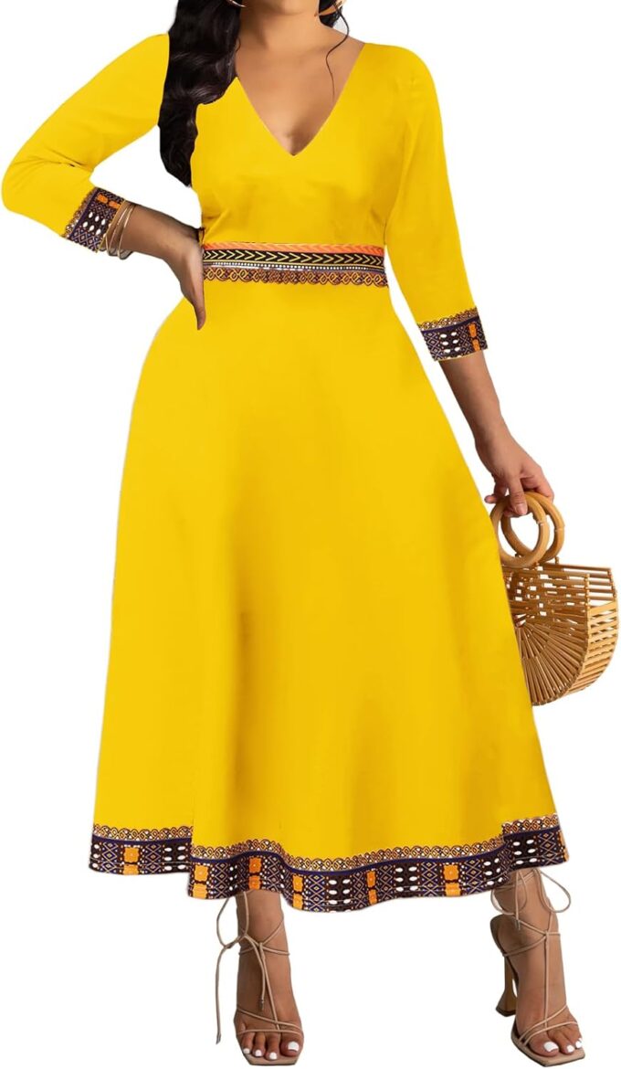 African Dresses for Women Elegant V Neck 3/4 Sleeve Casual Long Maxi African Attire Dress