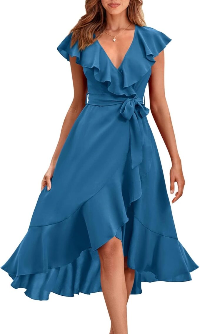 PRETTYGARDEN Women's 2025 Summer Cross Midi Dress Casual Boho Deep V Neck Short Sleeve Ruffle Hem Split Beach Long Dresses