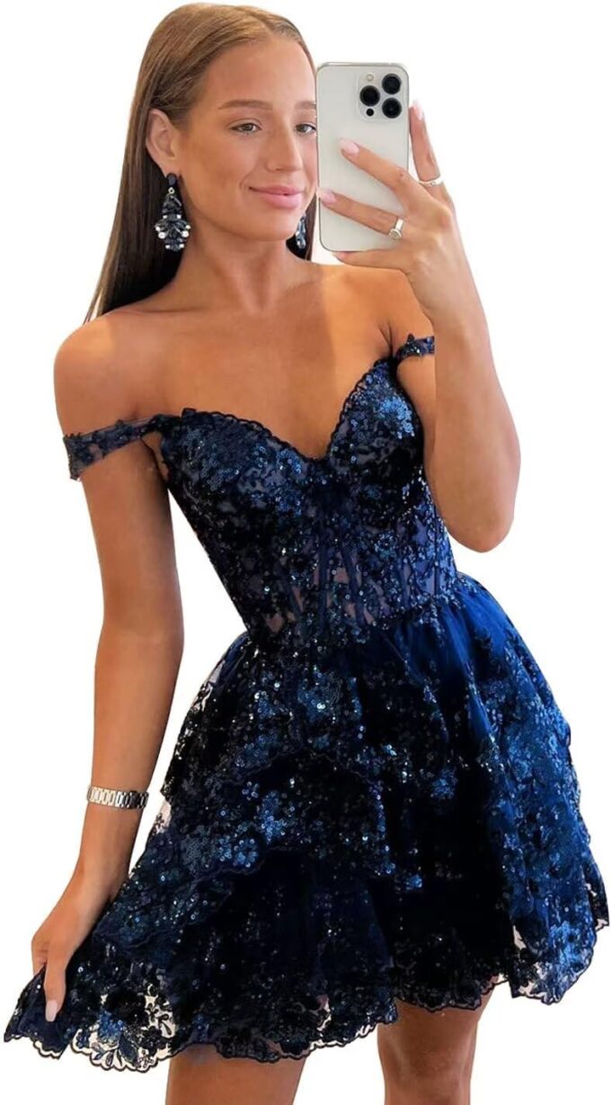 Sparkly Sequin Homecoming Dresses for Teens Off Shoulder Short Prom Dress 2025 Tiered Lace Cocktail Party Gown