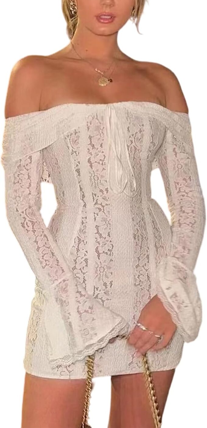 Women Elegant Off Shoulder Lace Bodycon Maxi Dress Bell Sleeve Mesh Sheer Mermaid Wedding Party Dress