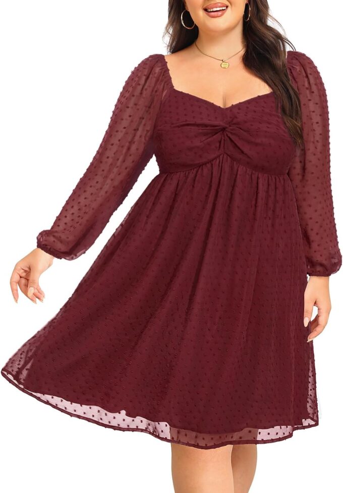 Plus Size Graduation Dress - Summer Swiss Dot Sweetheart Neckline Short Sundress Puff Sleeve Cute Flowy Chiffon Dresses