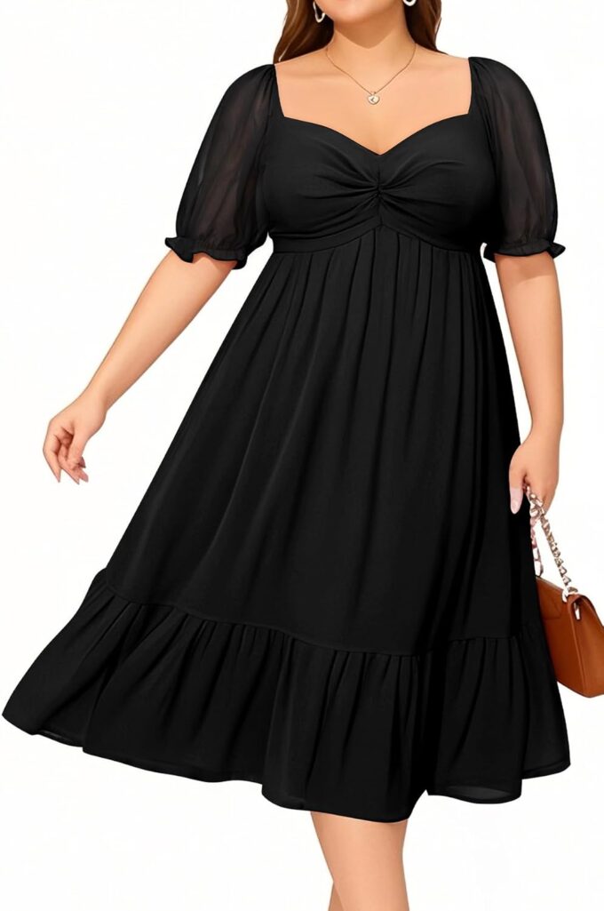Plus Size Dresses Sweetheart Neckline Long Sleeves Chiffon Party Cocktail A Line Curvy Womens Midi Dress