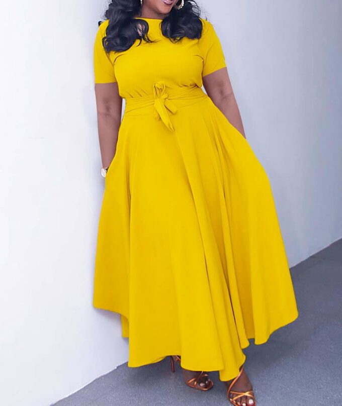 SEMATOMALA Damen-Maxikleid in A-Linie, selbstbindend, Rundhalsausschnitt, 3/4-Ärmel, hohe Taille, Übergröße, Swing-Flare, lange Kleider – Bild 2