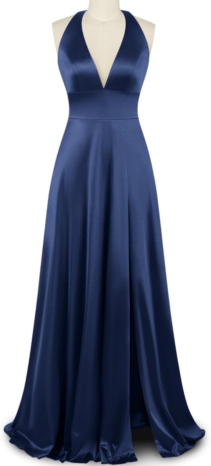 Women's Plunge V Neck Halter Satin Floor Length Evening Prom Backless Split Maxi Dress – Bild 6