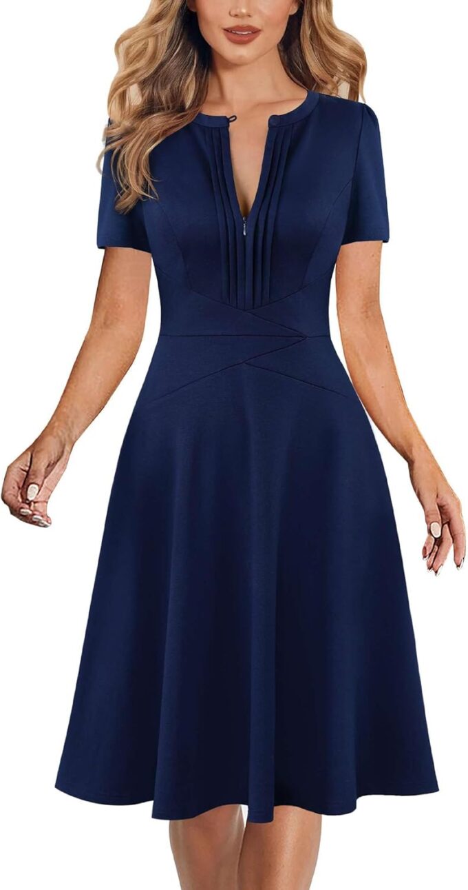VFSHOW Damen Sommerkleid, Arbeit, Business, plissiert, Rundhalsausschnitt, Reißverschluss vorne, Knopfleiste, Büro, schmale A-Linie, Passform und ausgestelltes Kleid