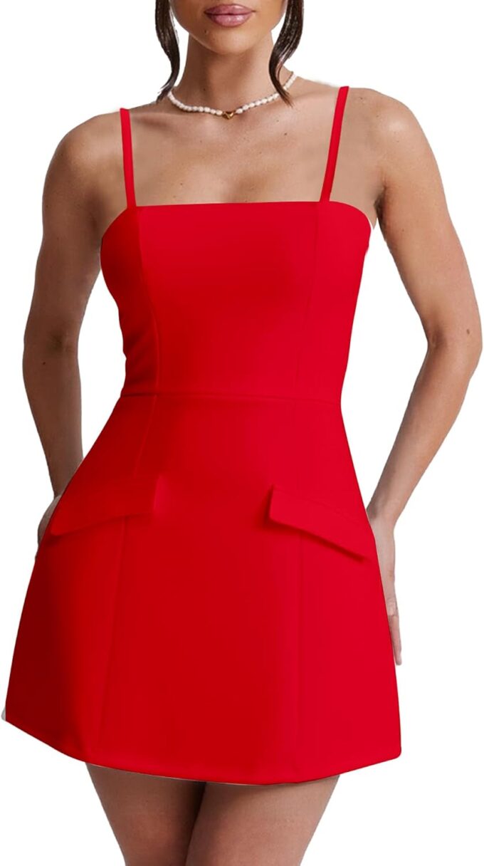 BORIFLORS Women's Sexy Square Neck Mini Dress Spaghetti Strap Corset Backless A-Line Party Short Dresses