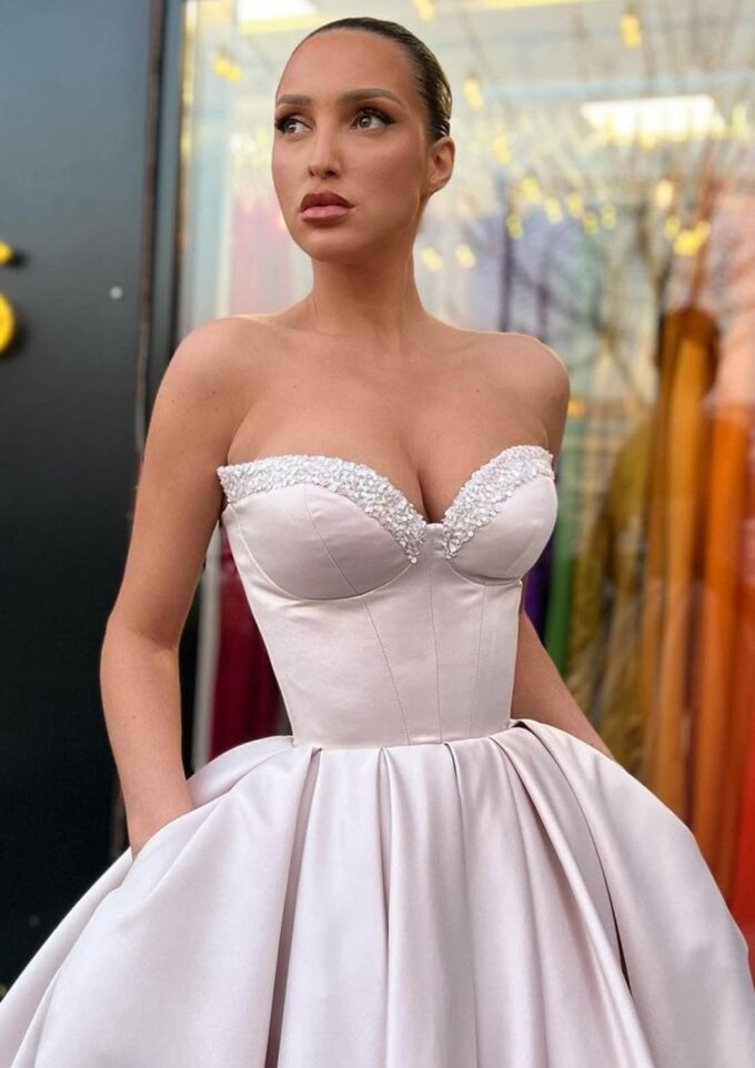 Women's Short Prom Dresses Ruched A-line Satin Sequins Tea Length Formal Evening Party Dress with Pockets – Bild 4