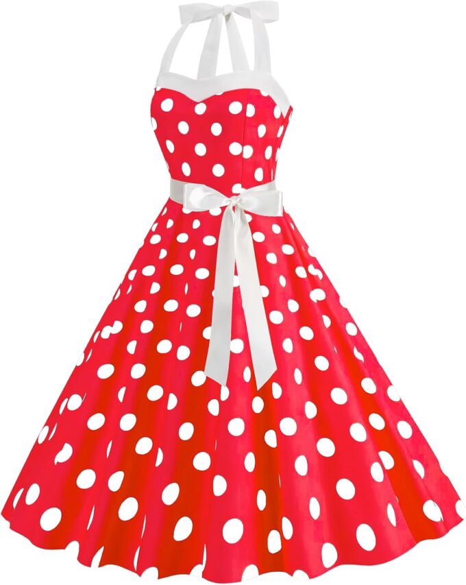 Vintage Dress 1950s for Women, Tea Party Halter Polka Dot Dresses Picnics Summer Vacation Beach Outfits Slim Fit – Bild 2