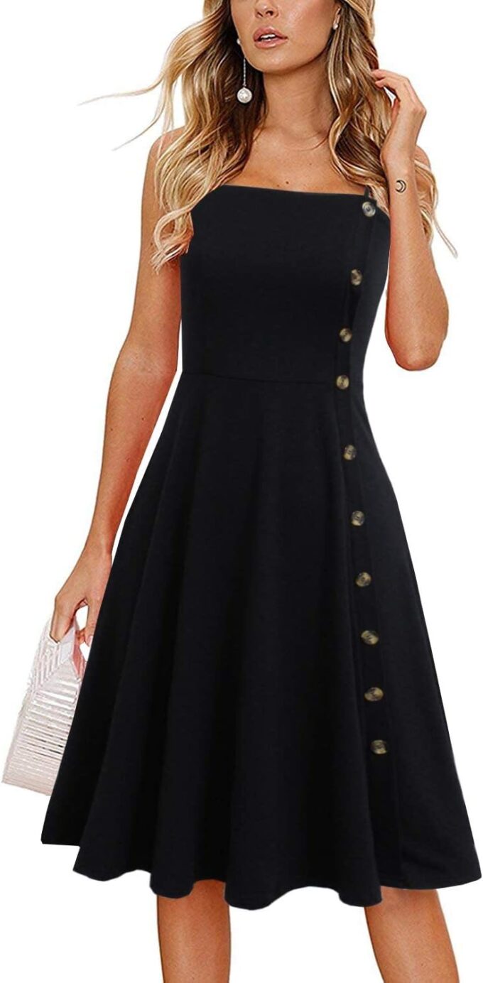 Women's Casual Summer Beach Flattering Flowy A-Line Spaghetti Straps Solid Cotton Button Down Midi Sundress – Bild 3