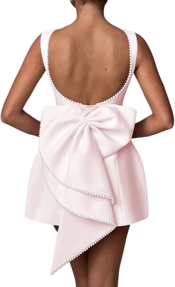 Satin Dresses for Prom Mini Pearl Bow Wedding Guest Evening Dresses for Women Pearl Pink 2
