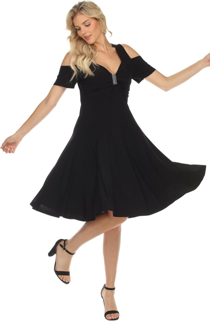SEA & ANCHOR Made in USA Women's Cold Shoulder Slimming Rhinestone Cocktail Dress Empire Waist Missy Plus Size 10008 – Bild 2
