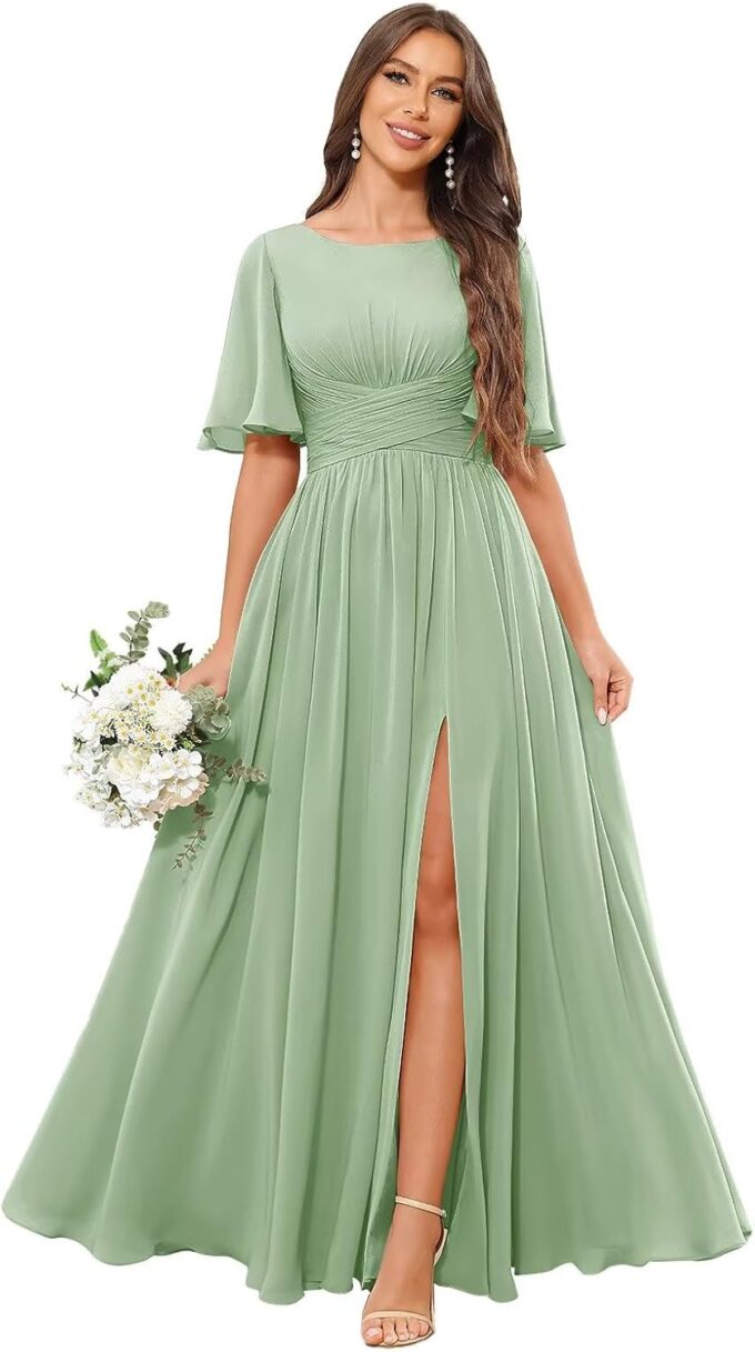 Women's Chiffon Bridesmaid Dresses with Slit Scoop Neck Flutter Sleeve Formal Wedding Guest Dress with Pockets