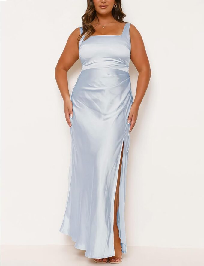 Summer Vacation Satin Maxi Dresses for Women 2025 Square Neck Formal Elegant Ruched Tank Top Wedding Guest Dress with Slit – Bild 3