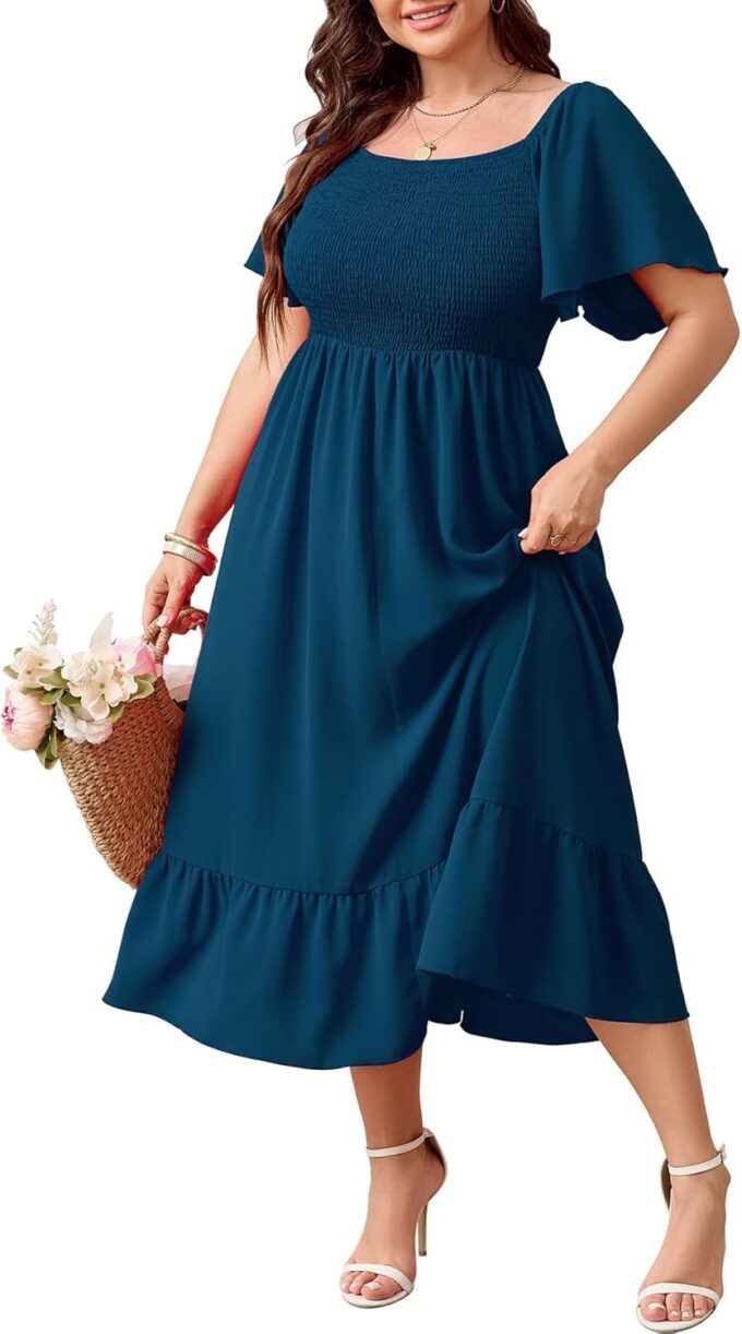 SCOMCHIC Women's Plus Size Summer Dress Casual Short Sleeve Scoop Neck Maxi Dress Smocked Ruffle Boho Flowy Long Dresses
