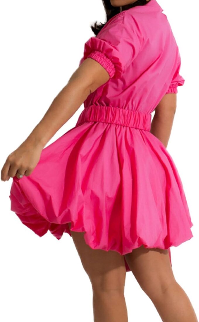 ENOPINK Womens Mini Dress Puff Sleeve Dresses 2025 Button Down Split V Neck High Waist Party Clubwear with Belt – Bild 2