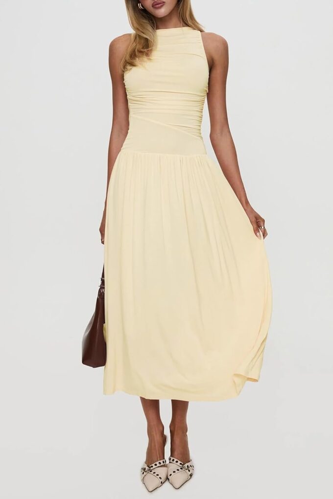 Women's Summer Sleeveless Maxi Dresses Casual Ruched Boat Neck High Waist Wedding Cocktail Long Flowy Tank Dress – Bild 2