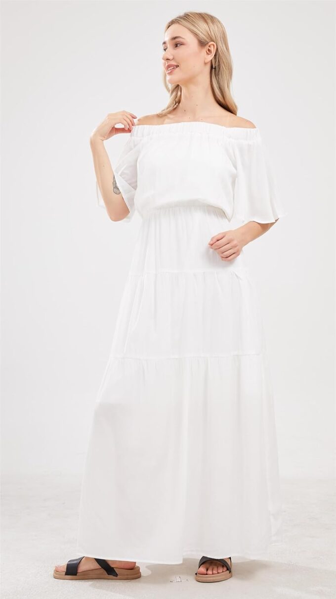 loveimgs Women's Summer Off Shoulder Ruffle Cotton Dress Short Sleeve Mid Rise Beach Boho Long Maxi Dress – Bild 2