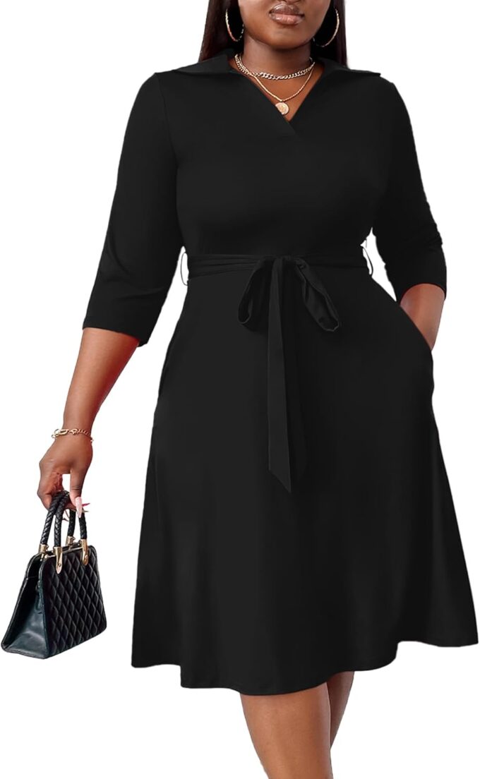 FANDEE Plus Size Midi Dress for Women - Printing Summer Dresses for Wedding Guest Cocktail Party 3/4 Sleeve V Neck（XL-5XL）