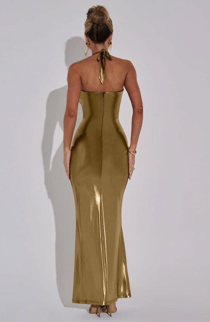 Memoriesea Women's Luxury Metallic Halter Neck Bodycon Party Evening Gown Maxi Dress – Bild 5