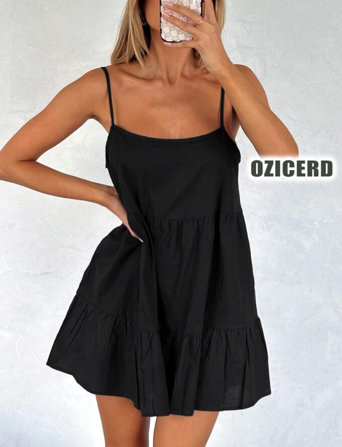 Flowy Short Sundress Mini Babydoll Dresses for Women Going Out Tiered Ruffle Beach Spaghetti Strap Swing Dress Cute – Bild 2