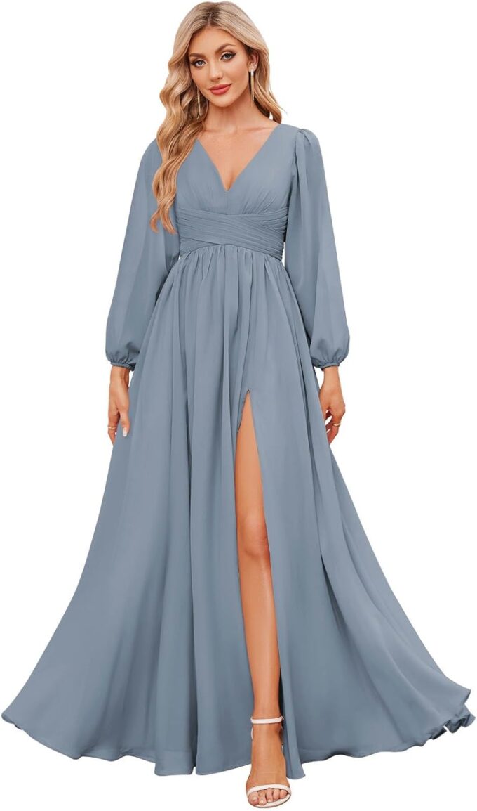 Women's Long Sleeve Bridesmaid Dresses with Slit V Neck Chiffon Ruched Formal Wedding Guest Party Dresses
