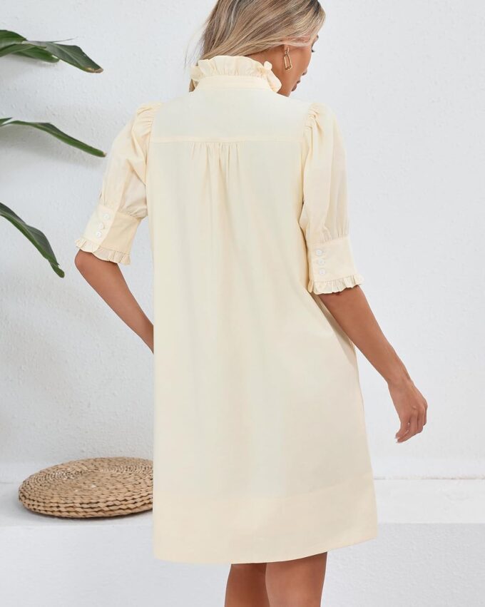 Women's Puff Short Sleeve Stand Ruffle Collar Summer Dress Casual A Line Shift Mini Dress with Pockets – Bild 7