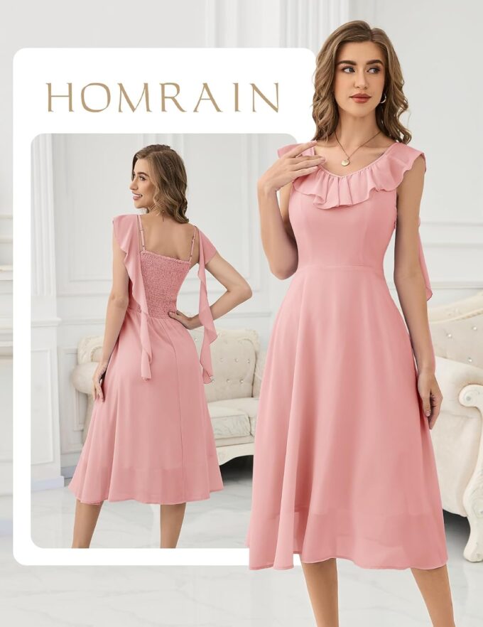 HomRain Formal Dress Spring Collection Church Pink Blush Ruffle Dresses for Women 2025 Elegant Ruffle Midi Gown for Party Blush XL – Bild 3