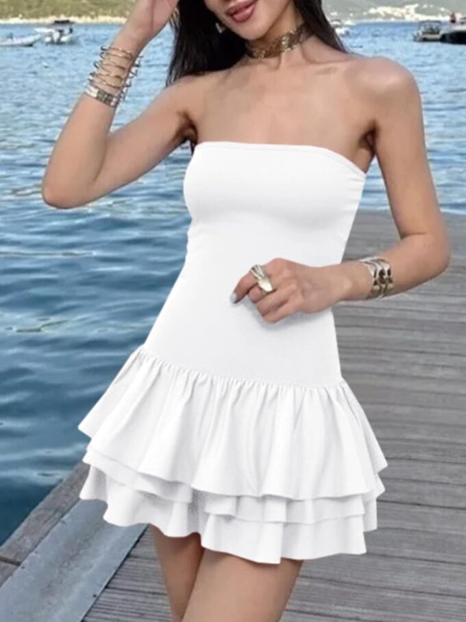 Yousify Womens Sexy Strapless Tube Dress Summer Sleeveless Tiered Ruffle Club Party Mini Dresses with Built-in Shorts – Bild 4
