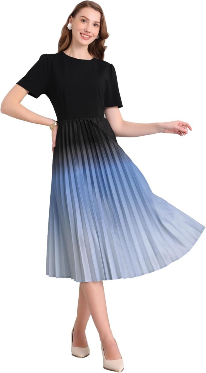Hobemty Damen Kurzarm Plissee Kleid 2025 Frühling Trendy Büro Arbeit A-Linie Midi Kleider