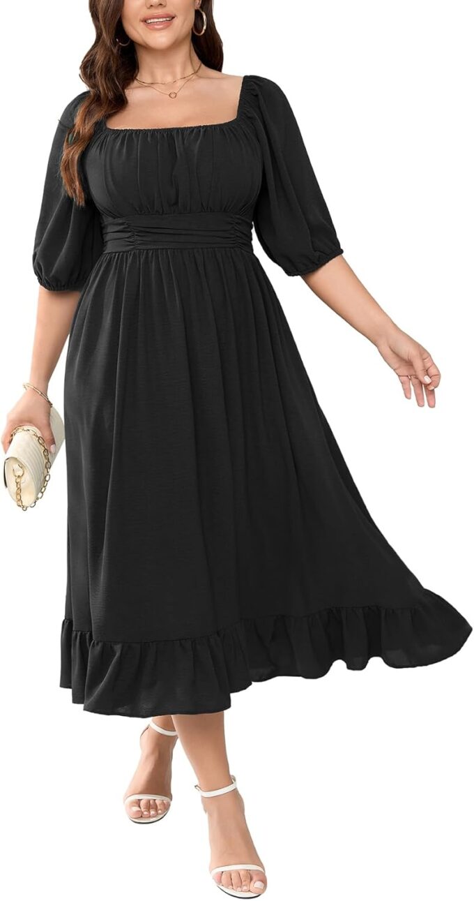 Women's Plus Size Maxi Dress Summer Half Lantern Sleeve Square Neck Smocked Flowy A-Line Elegant Wedding Guest Dresses