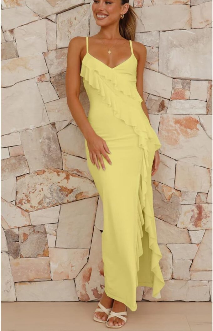 Women's Sexy V Neck Maxi Dress Backless Bodycon Spaghetti Strap Mesh Ruffle High Slit Cocktail Party Formal Dresses – Bild 4