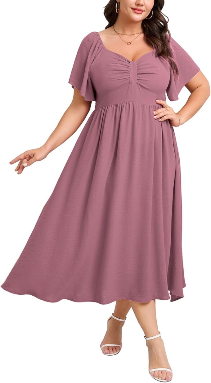 SCOMCHIC Women's Plus Size Maxi Dress Summer Short Sleeve Sweetheart Neckline A Line Wedding Guest Cocktail Dresses