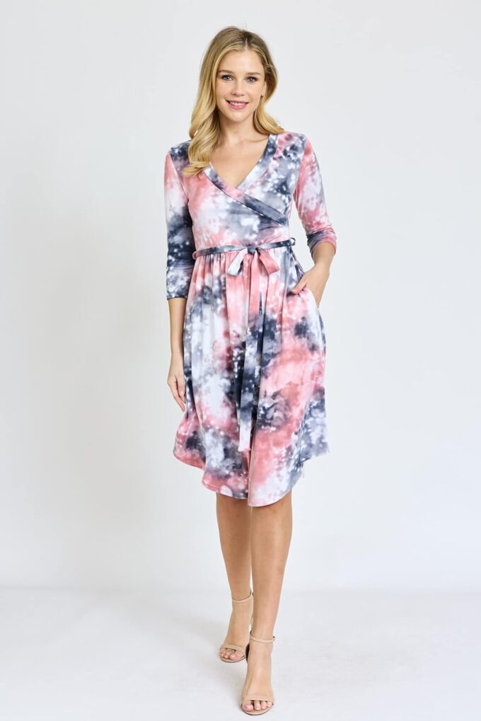 Eloges Damen-Midikleid mit 3/4-Ärmeln, Kontrastband/Schärpe, Blumenmuster/Streifen, gebogener Saum, mit Taschen, Eier – Bild 7