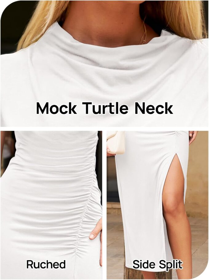MEROKEETY Women's Cap Sleeve Mock Neck Midi Dress High Slit Bodycon Ruched Sexy Cocktail Party Dresses – Bild 6