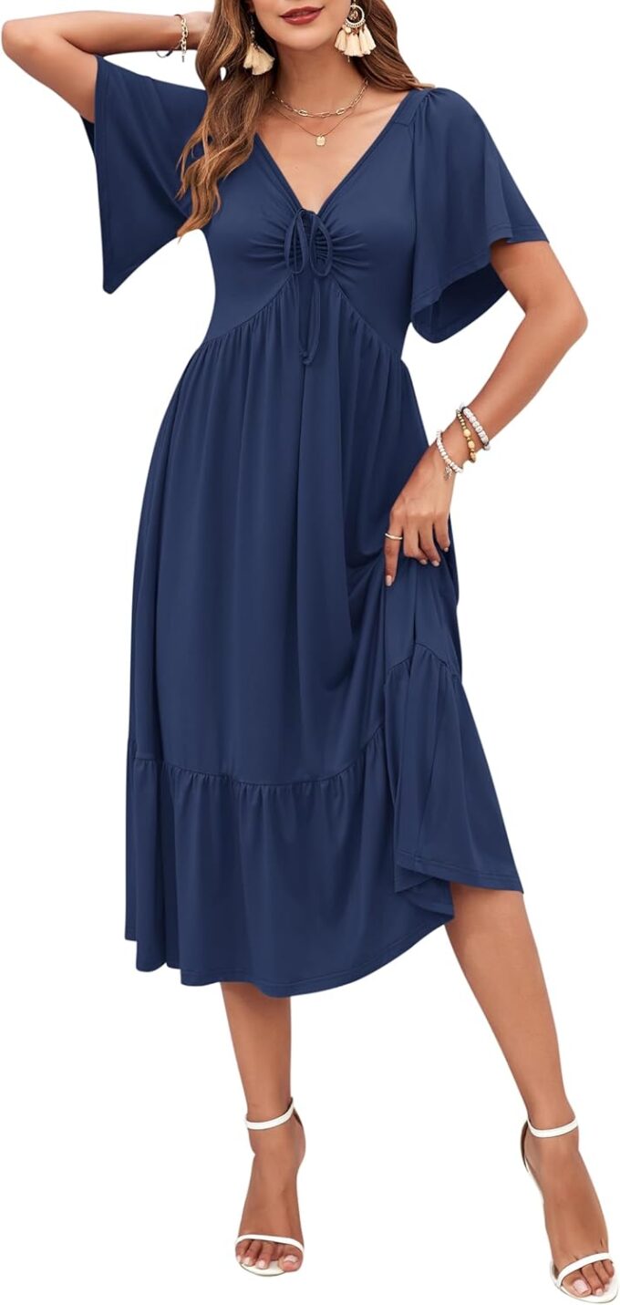 AUSELILY Women's 2025 New Summer Empire Waist Dress Drawstring Pleating Flutter Short Sleeve V Neck Midi Dresses – Bild 2