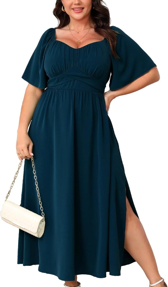 Plus Size Dress Wedding Guest Semi Formal Ruffle Short Sleeve Sweetheart Neckline Slit A Line Flowy Maxi Dresses