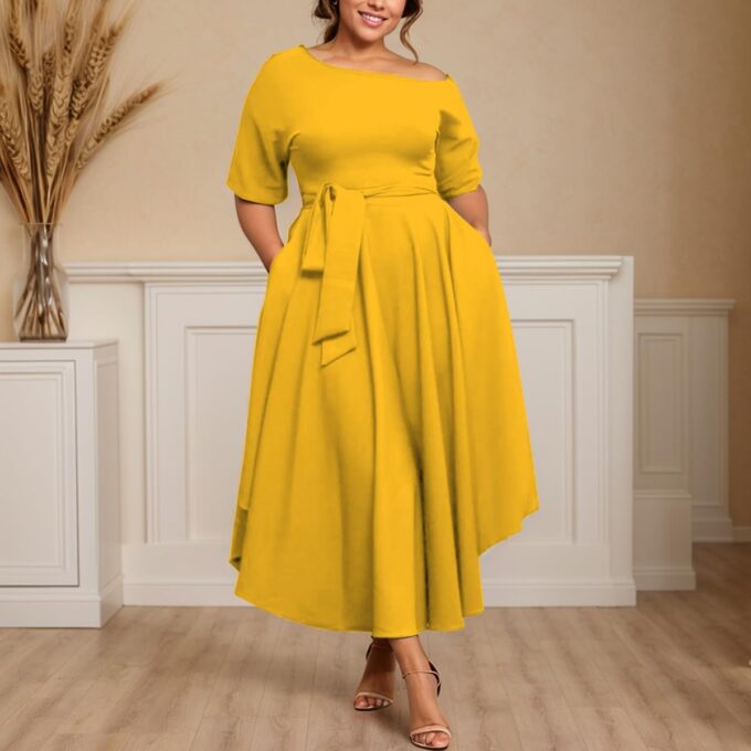 Plus Size Women Wedding Guest Dress Off Shoulder Boat Neck Irregularly Flowy Midi Church Dress – Bild 4