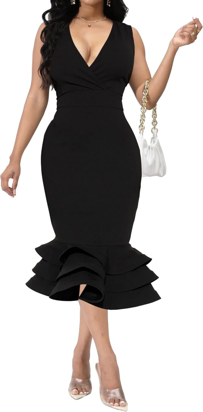 Women Elegant Dress Sexy V Neck Bodycon Sleeveless Breathable Fishtail Dresses – Bild 3