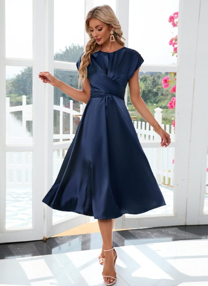 Women's Summer Satin Dress Elegant A-Line Cap Sleeves Tie Waist Flowy Midi Dress Cocktail Wedding Guest Dress – Bild 2