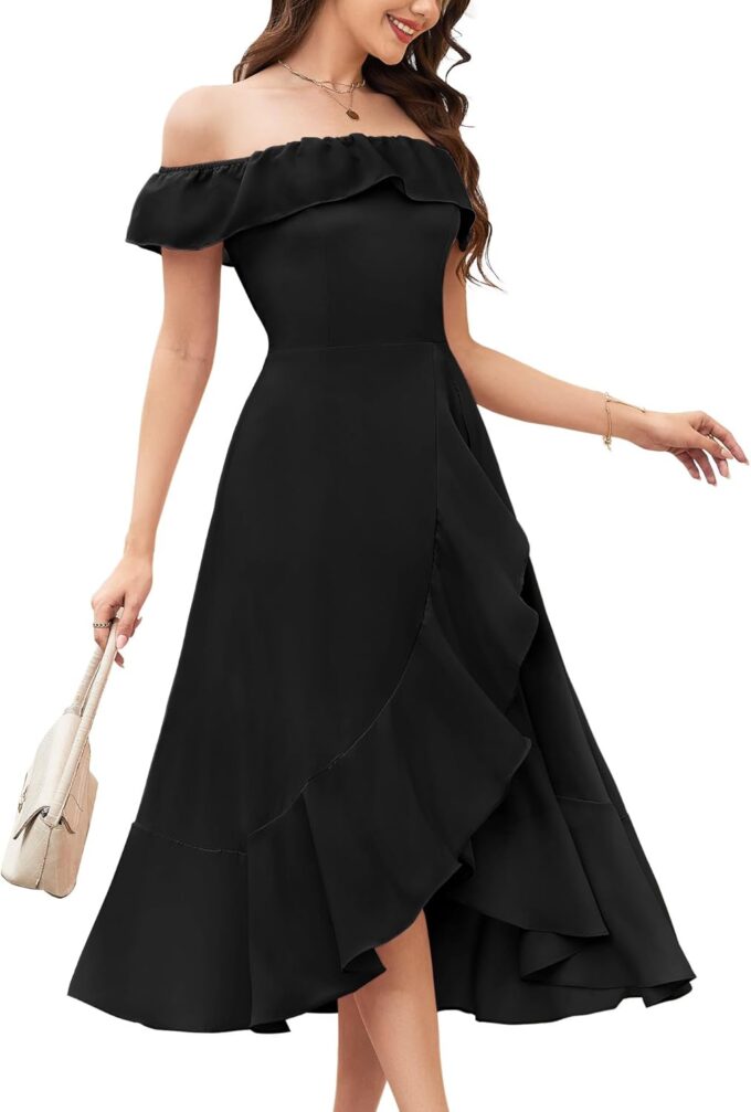 Aupuls Women Chiffon Off Shoulder Formal Dresses High Low Ruffle Midi Cocktail Wedding Guest Dress