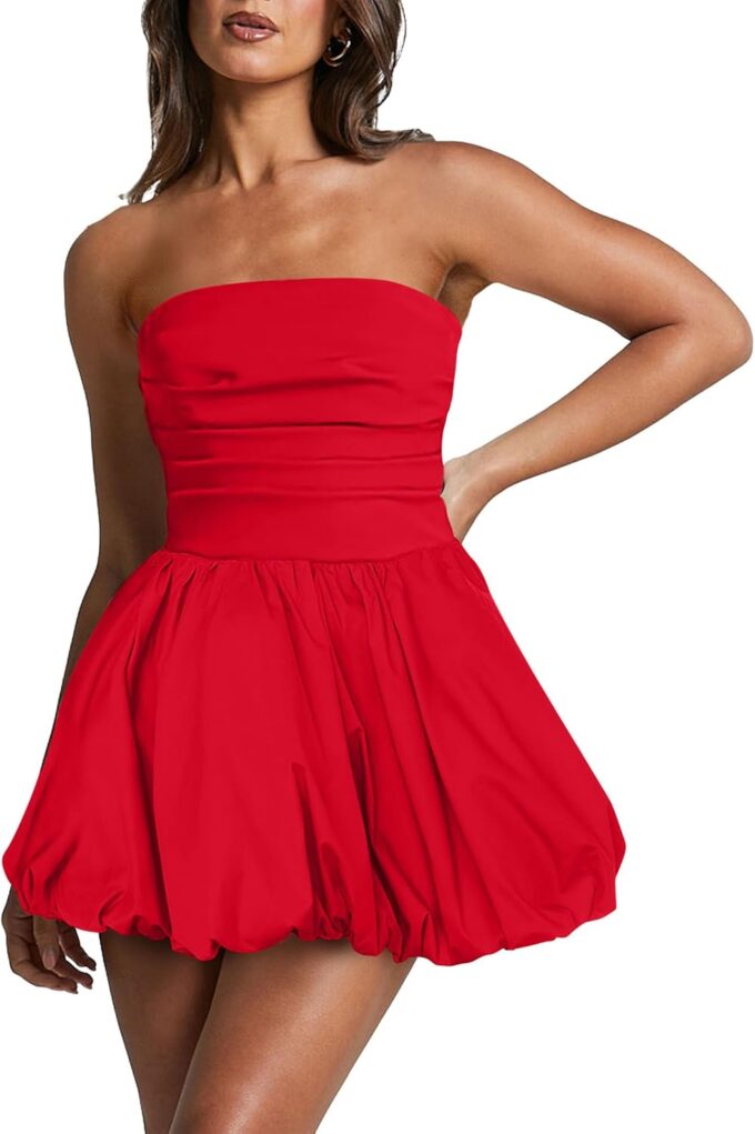 Women's Strapless Tube Top Bubble Mini Dress Ruched Bow Back Dresses Party Cocktail – Bild 5