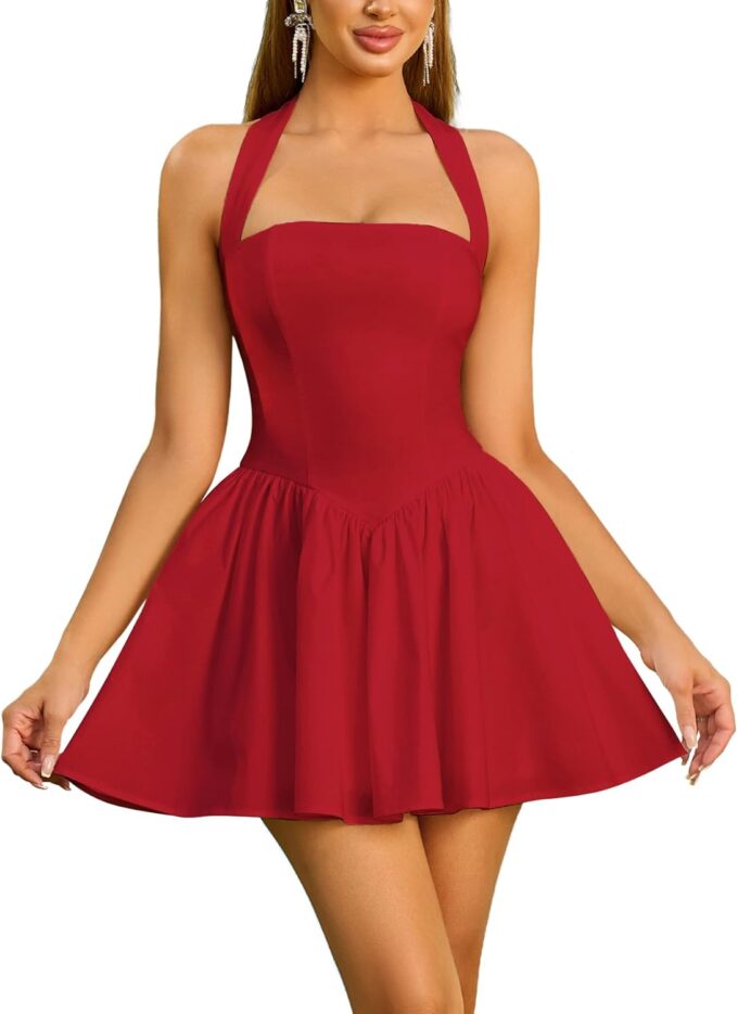 Parthea Women's Summer Halter Mini Corset Dress Backless A Line Flowy Cute Backless Short Sundress